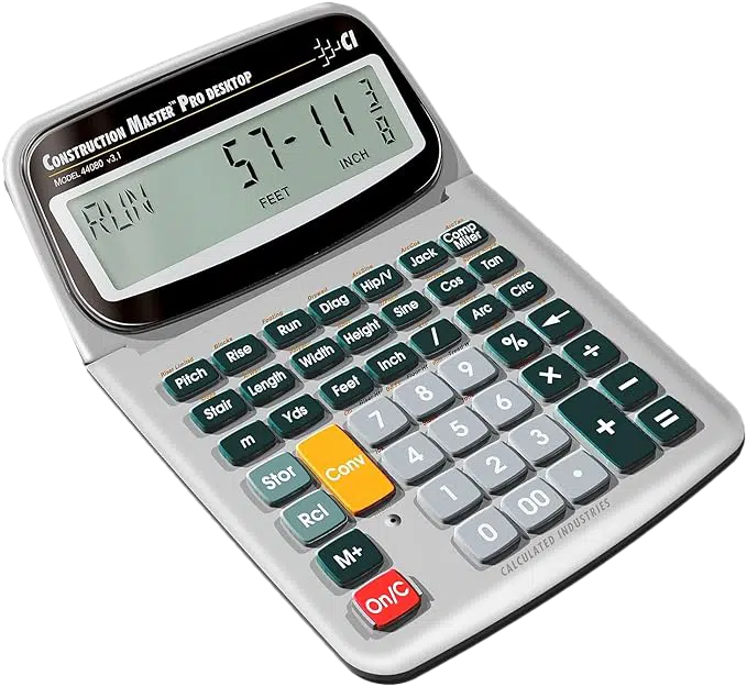 Durable construction calculator with clear display and specialized measurement functions for professionals.