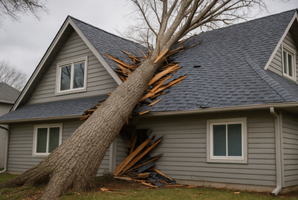 a large tree fell on a house damaging a two story house, the roof is broken.