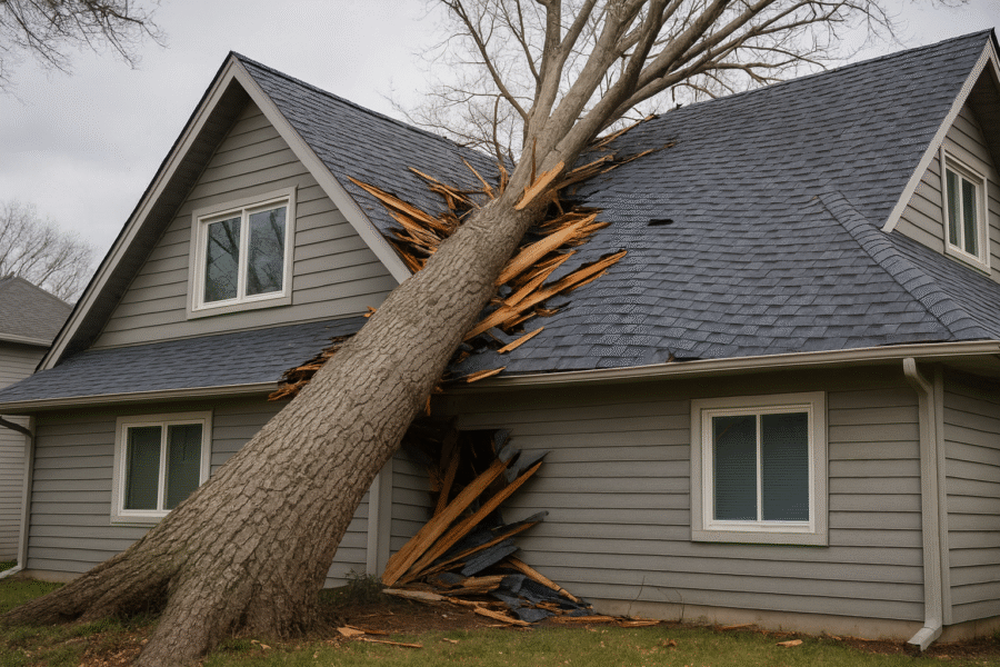 a large tree fell on a house damaging a two story house, the roof is broken.
